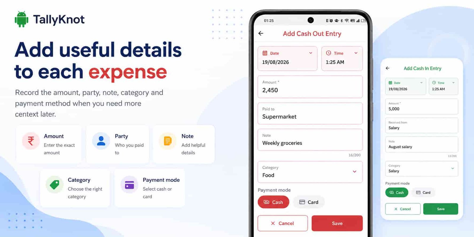 Record the amount and add useful details when you need more context for a transaction.